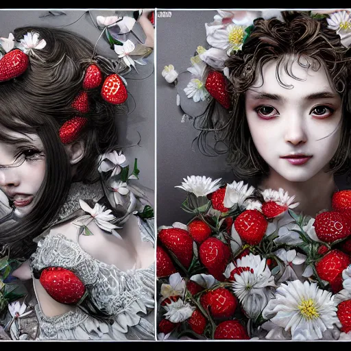 Image similar to the portrait of an absurdly beautiful, graceful, elegant, sophisticated, fashionable young gravure idol made of strawberries and white petals, an ultrafine hyperdetailed illustration by kim jung gi, irakli nadar, intricate linework, bright colors, octopath traveler, final fantasy, unreal engine 5 highly rendered, global illumination, radiant light, detailed and intricate environment