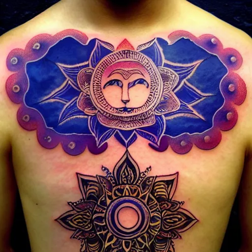 Image similar to a sun and moon mandala, tattoo style, color restoration, orange purples reds, glowing, double exposure, high quality ink