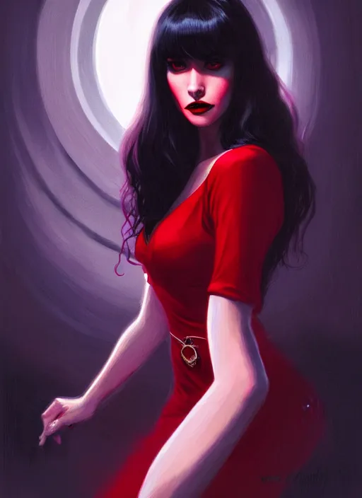 Image similar to portrait of vampire veronica lodge with bangs, vampire, long hair, red clothes, bangs, intricate, elegant, glowing lights, highly detailed, digital painting, artstation, concept art, smooth, sharp focus, illustration, art by wlop, mars ravelo and greg rutkowski