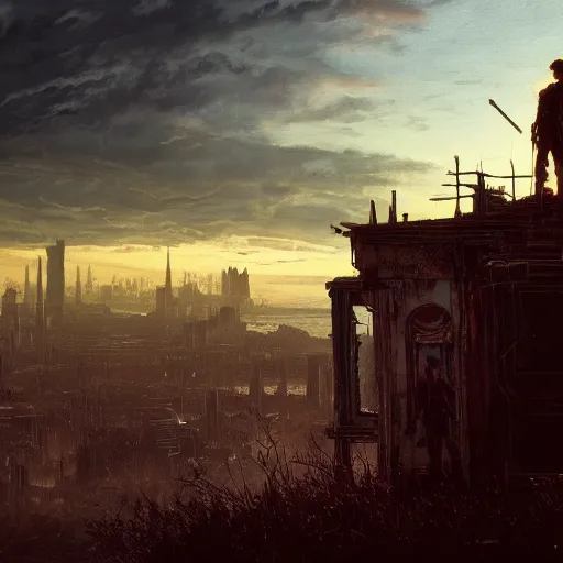 Image similar to wanderer with night vision goggles, dramatic light, sunset, sunrays, cyberpunk city in the background, ruins, buildings, dystoptian, gorgeous view, depth, painted by Caspar David Friedrich, clouds, tending on artstation