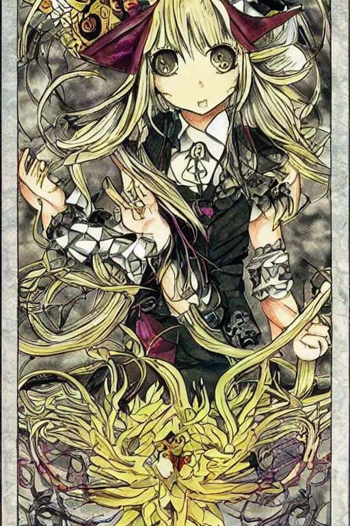 Image similar to marisa kirisame, touhou project, official artwork, intricate, amazing line work, colorful, tarot cards, the devil tarot card