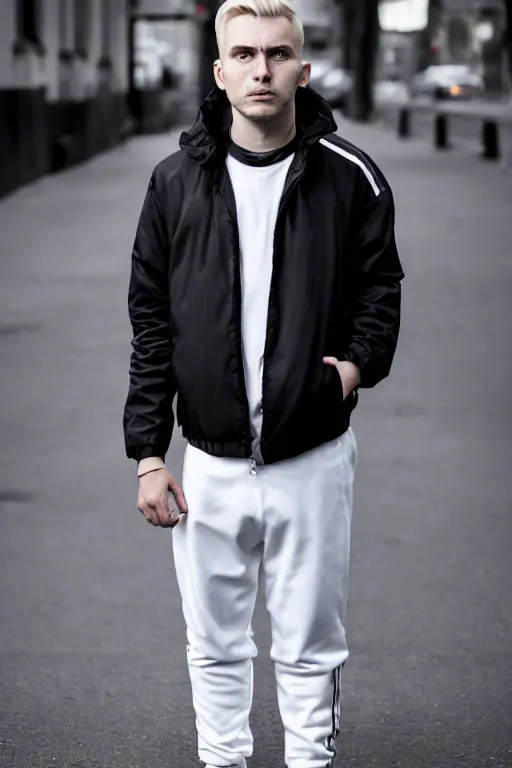 Prompt: extreme long shot. 30 years old blonde russian man in white adidas pants. black jacket. white sneakers. sad face. staying on the street. 4k, 8k, hyprerealistic, trending on artstation, masterpiece