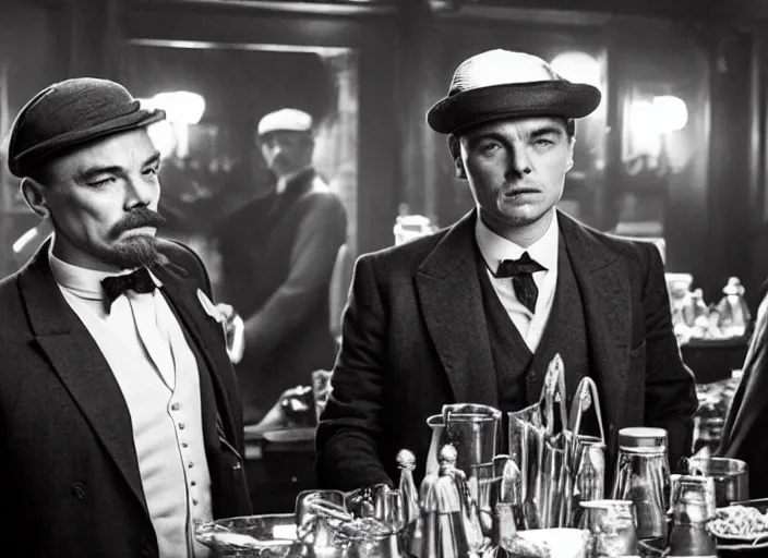 Prompt: an celebration in a bar scene from the series peaky blinders, leonardo dicaprio and daniel day - lewis, sharp eyes, happy, joyful, celebration, detailed and symmetric faces, black and white, cinematic, epic,