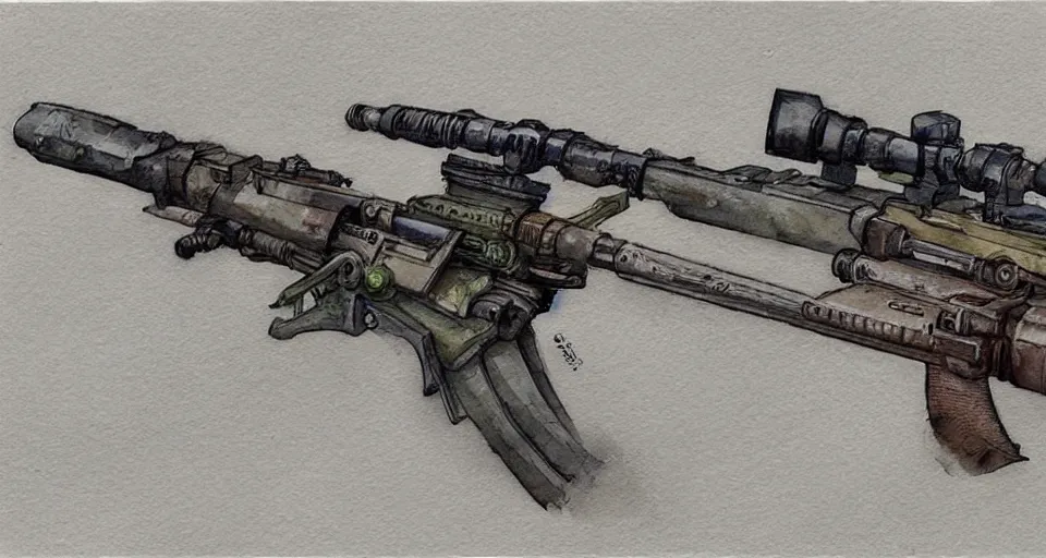 Image similar to concept art of a sniper rifle in futuristic, fantasy, steampunk, pinterest, artstation trending, behance, watercolor, by coby whitmore, silver, laser light,