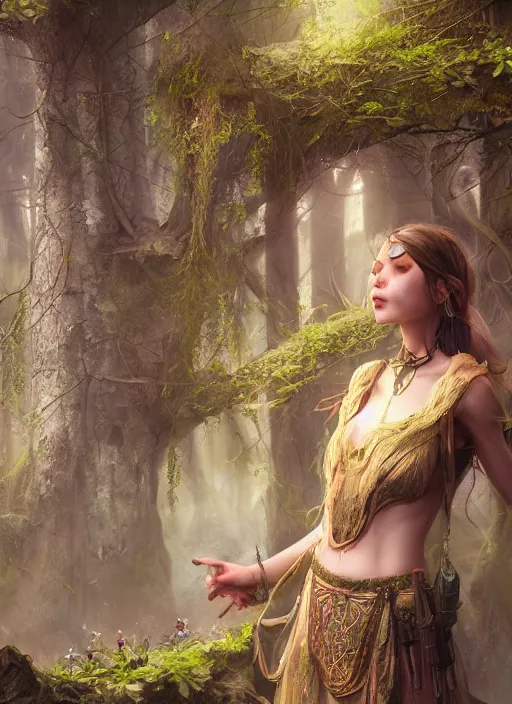 Image similar to Beautiful art portrait of a female fantasy cleric in a mystical fantasy temple surrounded by spring lush forest, atmospheric lighting, intricate detail, cgsociety, hyperrealistic, octane render, RPG portrait, ambient light, dynamic lighting