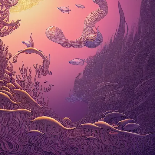 Prompt: metallic ethereal underwater paradise in the style of moebius, james jean, mcbess!!!, cinematic, highly detailed, award winning, 8 k photorealistic