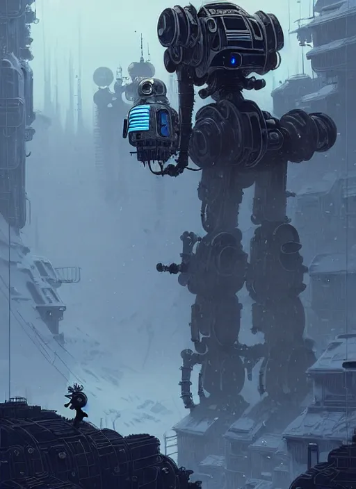 Image similar to highly detailed portrait of a moody frostpunk long blonde hair lady with mecha droid robot companion, stray wiring by atey ghailan, james gilleard, by joe fenton, by greg rutkowski, by greg tocchini, by kaethe butcher, 4 k resolution, gradient blue, black and white color scheme!!! ( ( glaciated dystopian city background ) )