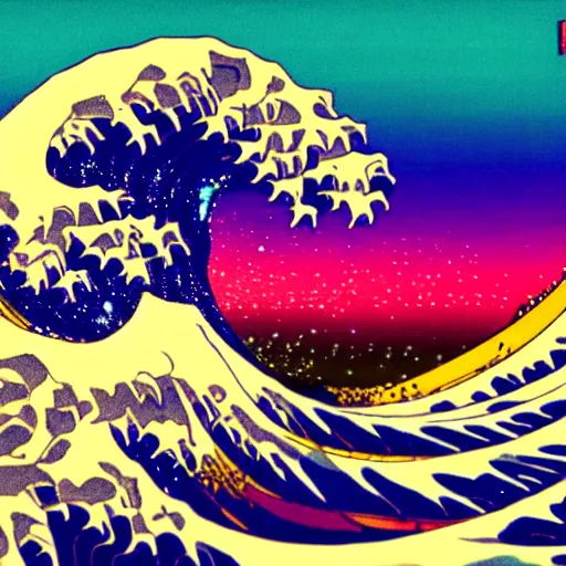 Image similar to acid trip of great wave of kanagawa, cyberpunk, neon, dramatic lighting