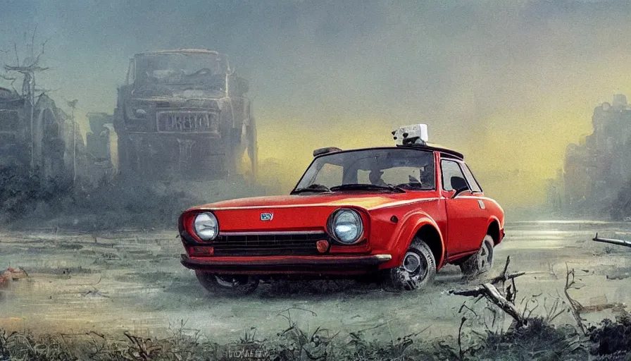 Prompt: red fiat 1 2 7 car in a post - apocalyptic landscape, dramatic sci - fi painting, highly detailed, dystopian, low angle view, by bruce pennington, by earl norem