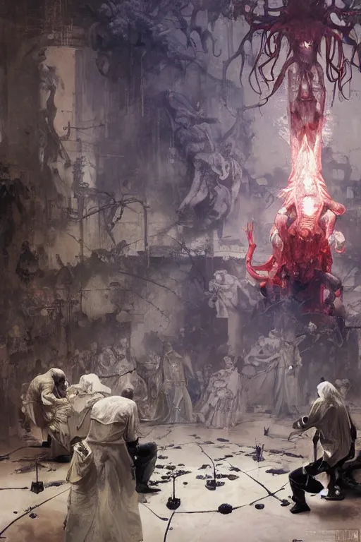 Image similar to scientists in a laboratory observe a demon from hell, painted by ruan jia, raymond swanland, lawrence alma tadema, zdzislaw beksinski, norman rockwell, jack kirby, tom lovell, alex malveda, greg staples