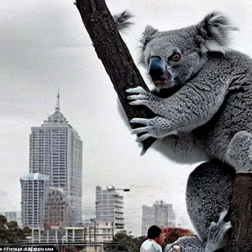 Image similar to epic real life scene of a giant koala attacking melbourne in 1 9 9 7