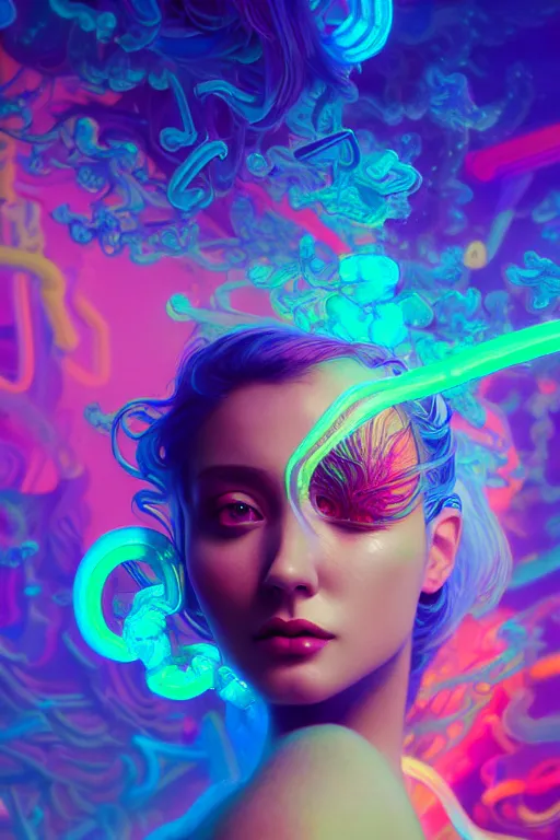 Prompt: a gorgeous woman surrounded by colorful liquid clouds and neon smoke, extremely detailed, psychedelic experience, psilocybin, dmt, lsd, face, highly detailed, artstation, concept art, blue background, digital art by hana yata, and artem demura and beeple, alphonse mucha, octane render, unreal engine, 8 k