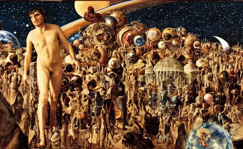 Prompt: scene from cosmologica ( 1 9 6 9 ), a movie by luchino visconti terry gilliam showing a man played by mastroianni leaving the medieval cosmos to enter the new modern universe in the style of ( ( ( renaissance cosmological painting ) ) ). blue sky with a lot of stars and planets. cinematic, technicolor, direct lighting