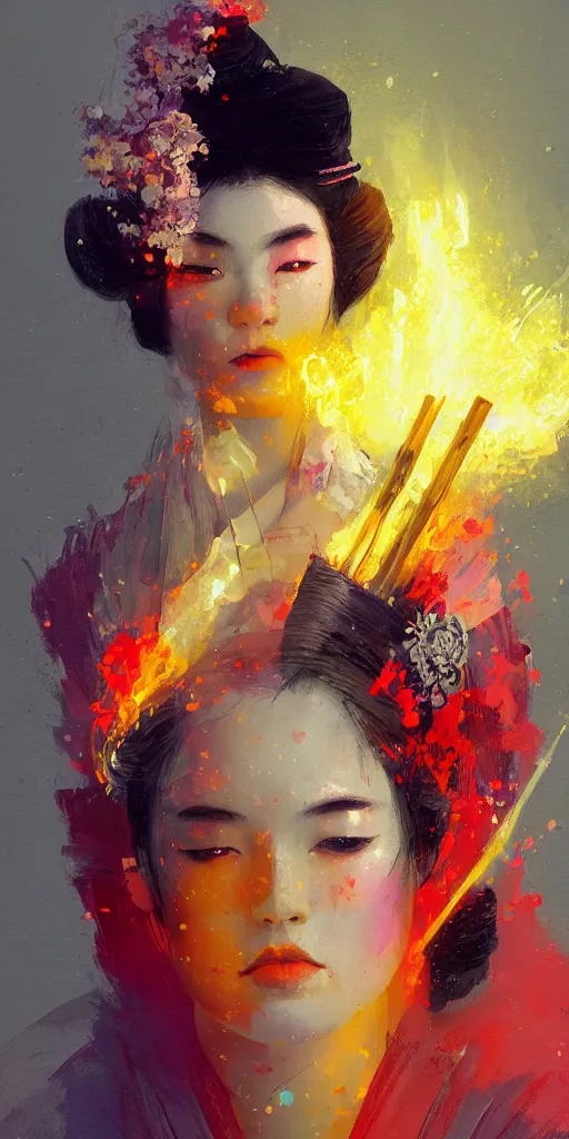 Prompt: female geisha girl holding a colorful flame, beautiful face, colourful, rule of thirds, intricate outfit, spotlight, by greg rutkowski, by jeremy mann, digital painting