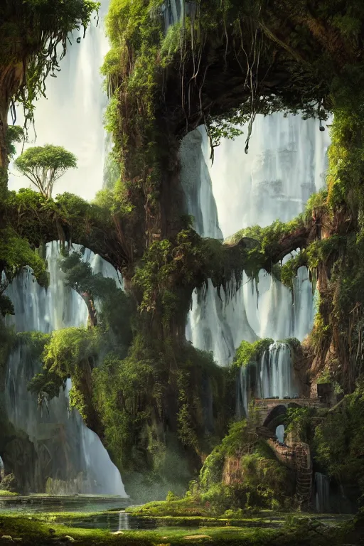 Image similar to gigantic castle, arches adorned pillars, towers, archways, gnarly trees, lush vegetation, forrest, a small stream runs beneath the waterfall, landscape, raphael lacoste, eddie mendoza, alex ross, concept art, matte painting, highly detailed, rule of thirds, dynamic lighting, cinematic, detailed, denoised, centerd