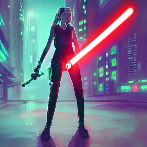 Prompt: a girl with a lightsaber in a neon cyberpunk city at night, art station, digital art, cinematic