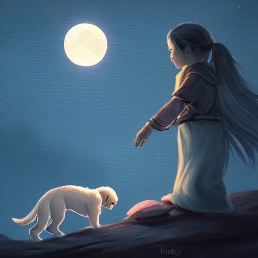 Prompt: At night, a lovely little girl held dog and looked at the Moon,trending on artstation,50mm, by Noah Bradley