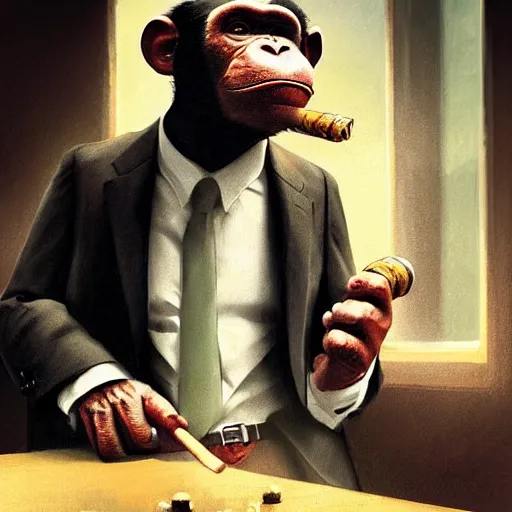 Image similar to a chimp wearing a suit smoking a cigar, dramatic lighting, cinematic, establishing shot, extremly high detail, photorealistic, cinematic lighting, artstation, style by James Gurney