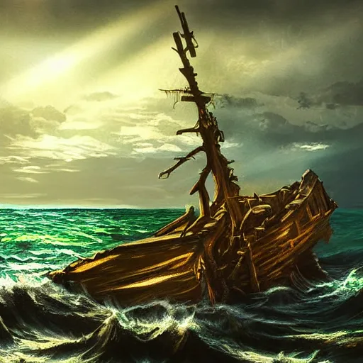 Image similar to wooden shipwreck of old pirate ship on rocks at sea, dramatic lighting, sun beams, god rays illuminating wreck, dark background, gloomy green sea, fantasy art, painting, concept art, oil painting, brushstrokes