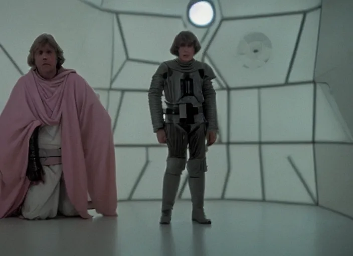 Prompt: Luke skywalker kneels before a strange star wars alien jedi oracle, a mystic with infinite knowledge of time. a strange ethereal foggy pink land. still from the 1983 film space odyssey directed by Stanley Kubrick, symmetrical framing, anamorphic, Photographed with Leica Summilux-M 24 mm lens, kodak stock, ISO 100, f/8, Portra 400