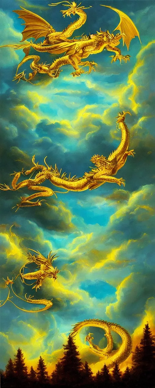 Image similar to beautiful oil painting of golden eastern dragons in sky, green lightning, night clouds, above forest, landscape shot