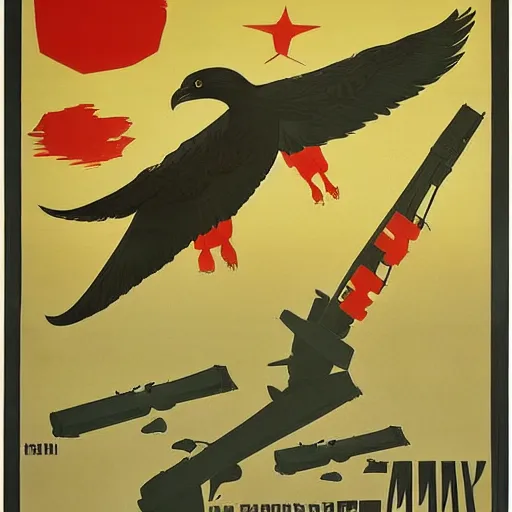 Image similar to soviet propaganda poster depicting a dromaius in military uniform