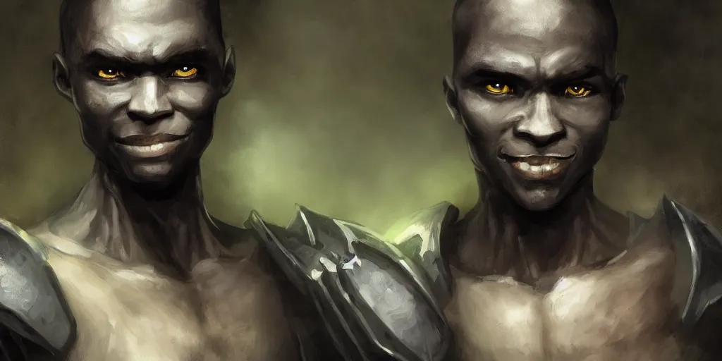 Prompt: a slender rogue black man with a sad smile, barroque painting, ultra realistic. cinematic, dynamic. magic the gathering style. epic fantasy, insanely detailed, 4k, symmetrical face, rpg character reference. gourgeous.