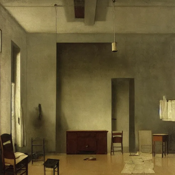 Prompt: interior of a flooded old house full of furniture. painting by hammershoi, balthus, mark rothko, vermeer, monet