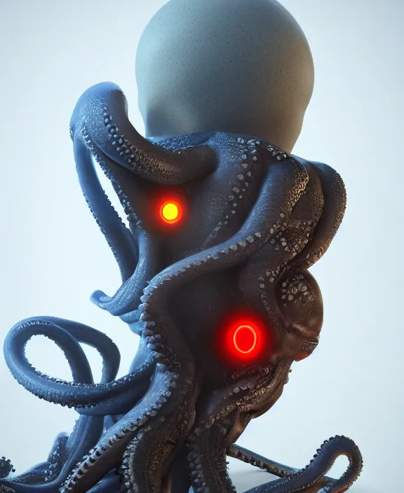 Image similar to a humanoid with an octopus head and man body with several glowing eyes, 4 k resolution, detailed, 3 d render, unreal engine, octane render, trending on artstation