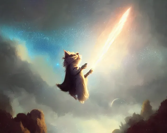 Image similar to one cartoonish kitty dressed as Gandalf floating alone in space, bright stars, anime, a fantasy digital painting by Greg Rutkowski and James Gurney, trending on Artstation, highly detailed