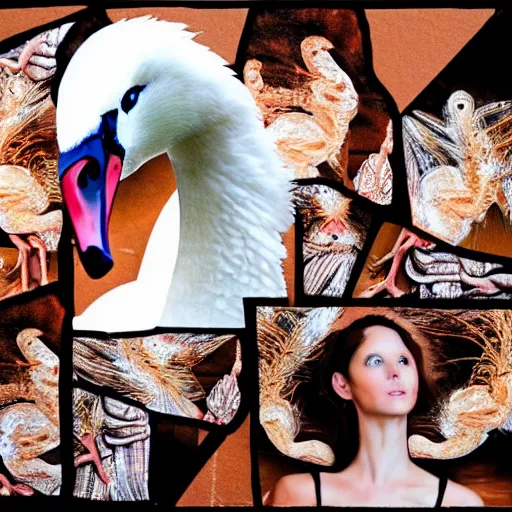 Image similar to a collage of a swan and a woman, dissected blown up, ultra realistic, cinematic