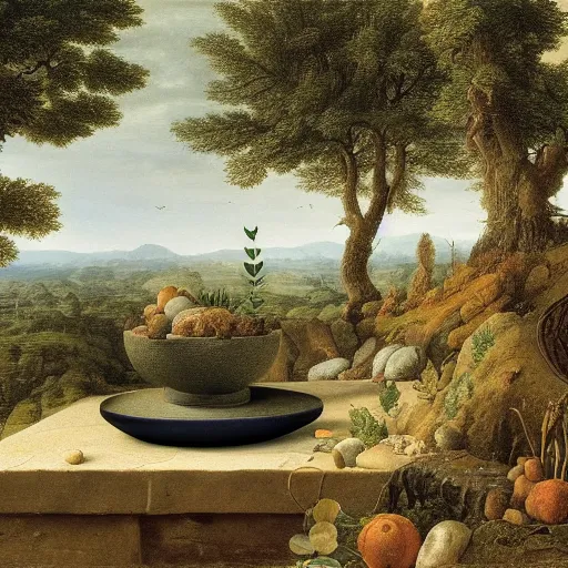 Image similar to still life of a stone bowl containing a miniature landscape, surrealism, photorealistic, river and trees and hills, extremely detailed, by clara peeters and rob gonsalves and caspar david friedrich