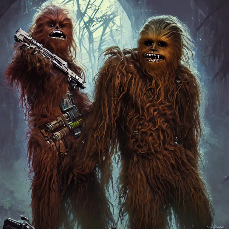 Image similar to scary horrific zombie chewbacca and wookies on the planet kashyyyk, dark star wars fantasy, body horror, sores and scars, undead. highly detailed, biopunk, digital painting, by greg rutkowski, artgerm and alphonse mucha