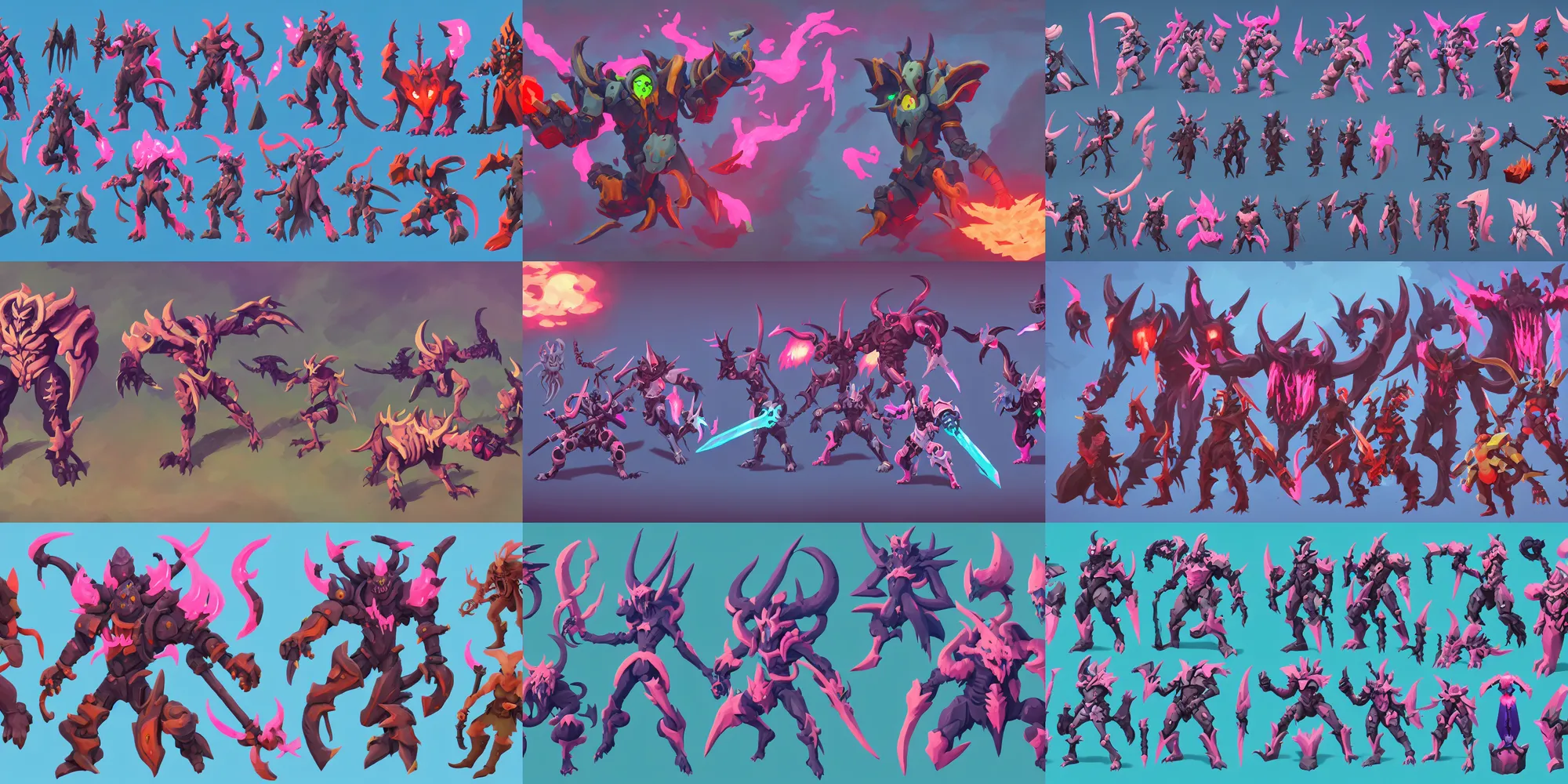 Prompt: game asset of demonic monsters, in gouache detailed paintings, props, stylized, 2 d sprites, kitbash, arcane, overwatch, blue and pink color scheme, 8 k, close up