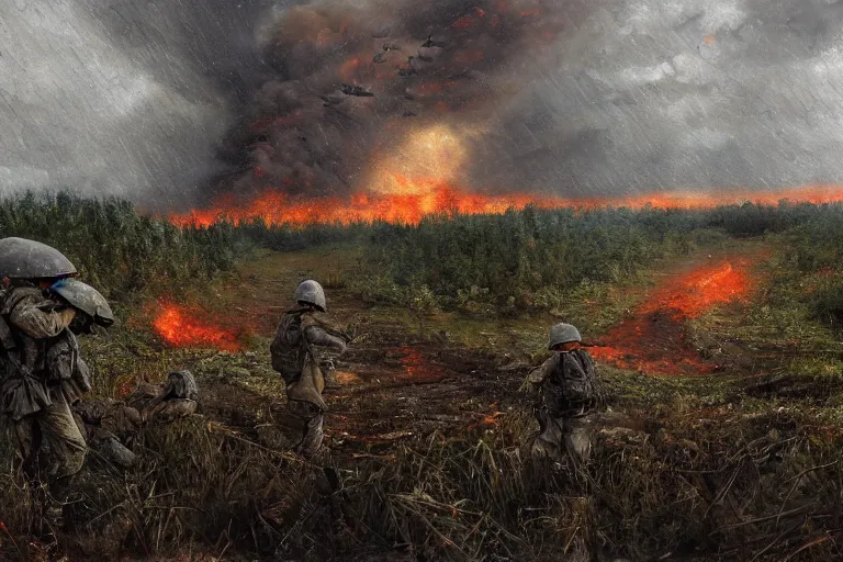 Image similar to chaotic battlefield, multiple soldiers!, thick dark smoke!, vehicles on fire, heavy rain from thick clouds, storm, overgrowth, forest, (mushroom cloud) in the background, bleak, melancholy atmosphere, band of brothers, bf1942, 4k impressionism painting by Gregory Crewdson and Grzegorz Domaradzki and Ivan Shishkin and Jakub Rozalski