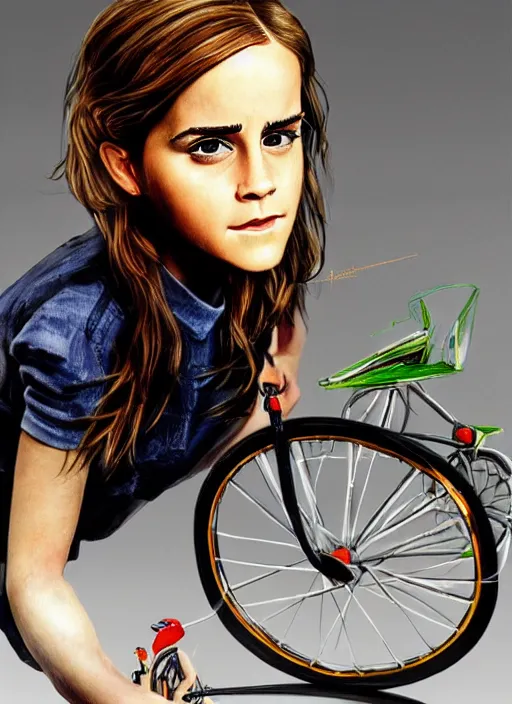 Image similar to hyperrealism emma watson riding a tricycle, light effect, hyper detailed, claymation, cartoon, detailed, realistic materials, sharp focus