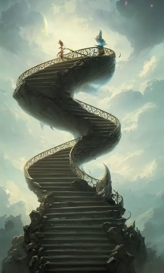 Image similar to straight staircase to heaven, sky full of clouds, art by greg rutkowski and peter mohrbacher, featured in artstation, octane render, cinematic, elegant, intricate, ultra detailed, rule of thirds, professional lighting, unreal engine, fantasy, concept art, sharp focus, illustration, 8 k