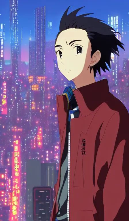 Image similar to anime fine details portrait of Tanjiro Kamado in front of cyberpunk moder city landscape on the background deep bokeh, close-up view, anime masterpiece by Studio Ghibli. 8k, sharp high quality anime, artstation