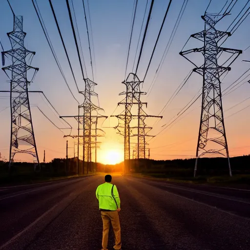 Image similar to man standing in front of electricity pylons at sunset, low angle