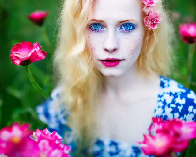 Image similar to pale beautiful young woman with bright blonde hair, freckles, blue eyes and a wide face, flowery dress, using a dslr camera, dramatic, art by anna nikonova