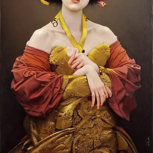 Prompt: highly detailed oil painting | very intricate | cinematic lighting | award - winning | portrait of geisha dressed by alexander mcqueen | by roberto ferri, by tom bagshaw, by j. c. leyendecker and klimt, american romanticism, by austin osman spare, artstation, cgsociety, official art, octane