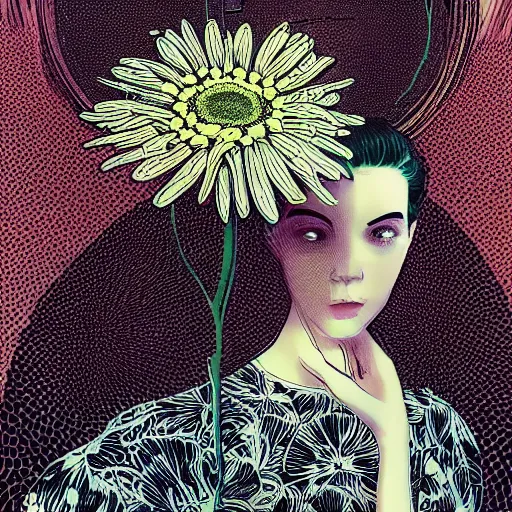 Image similar to closeup, huge daisy flower as a head, woman standing in modern apartment, surreal, dramatic light, by victo ngai by james jean, by rossdraws, frank franzzeta, mcbess