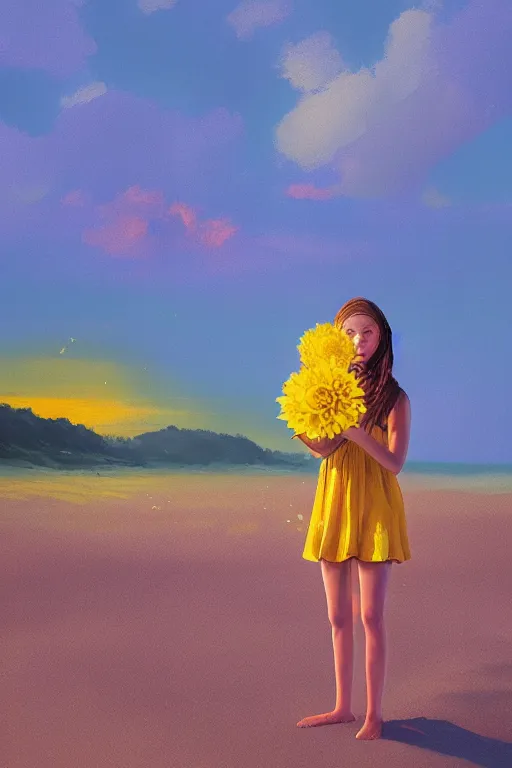 Image similar to closeup girl with huge yellow dahlia flower under face, on beach, surreal photography, blue sky, sunrise, dramatic light, impressionist painting, digital painting, artstation, simon stalenhag