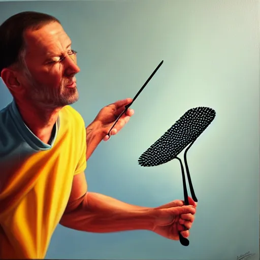 Image similar to hyperrealism painting from the housefly perspective getting swatted at from a man with a fly swatter