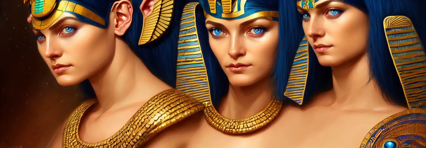 Image similar to astral egyptian woman portrait, blue eyes, face, cleopatra hair, astral, intricate, elegant, highly detailed, digital painting, artstation, concept art, smooth, sharp focus, illustration, art by artgerm and greg rutkowski and alphonse mucha