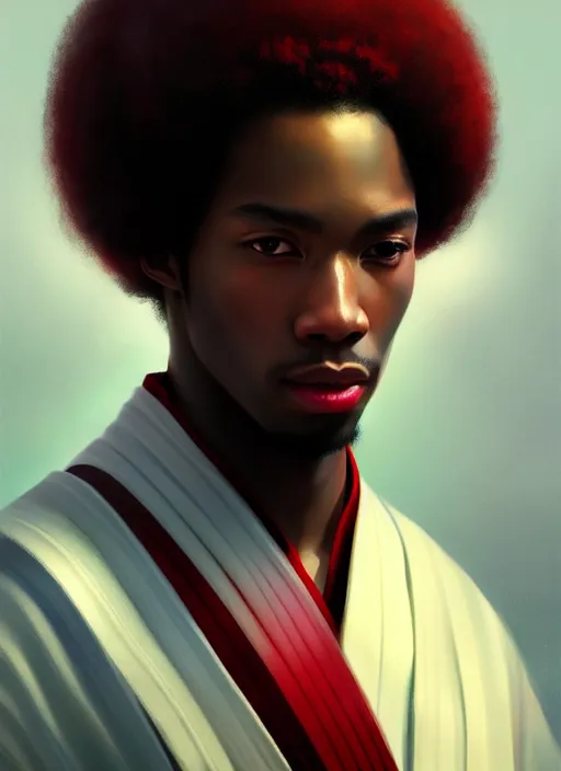 Prompt: photographic portrait of an handsome young black man with an afro and red eyes in a kimono, atmospheric lighting, elegant, highly detailed, digital painting, artstation, concept art, sharp focus, star wars, illustration, art by artgerm and greg rutkowski