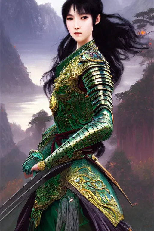 Image similar to portrait black hair young knights of Dynasty Warriors girl, metallic green armor, in ruin fire chinese palace sunrise, ssci-fi and fantasy, intricate and very beautiful and elegant, highly detailed, digital painting, soft light, artstation, concept art, smooth and sharp focus, illustration, art by tian zi and WLOP and alphonse mucha