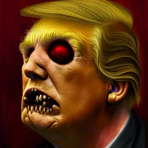 Image similar to side portrait of donald j. trump as a zombie looking down, 7 days to die zombie, fine art, soft light from the side, award winning, subtle earthy tones, intricate, elegant, sharp focus, cinematic lighting, digital painting, 8 k concept art, art by michael hussar, art by brom, art by z. w. gu, 8 k