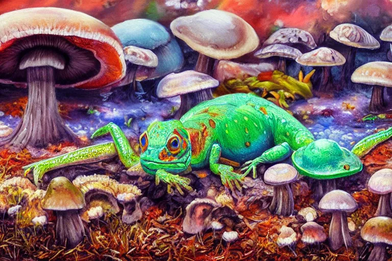 Image similar to highly detailed oil painting of a mushroom lizard in a steaming colorful hotspring, featured on artstation