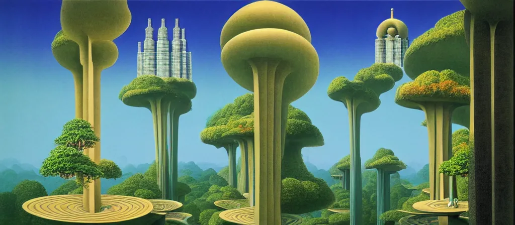 Image similar to huge gargantuan angular dimension of pagoda liminal spaces, temples by escher and ricardo bofill. utopian singaporean landscape by roger dean. magical realism, surrealism, lush sakura trees, waterfalls, thunder, lightning, vaporwave, trending on artstation, shot from below, epic scale